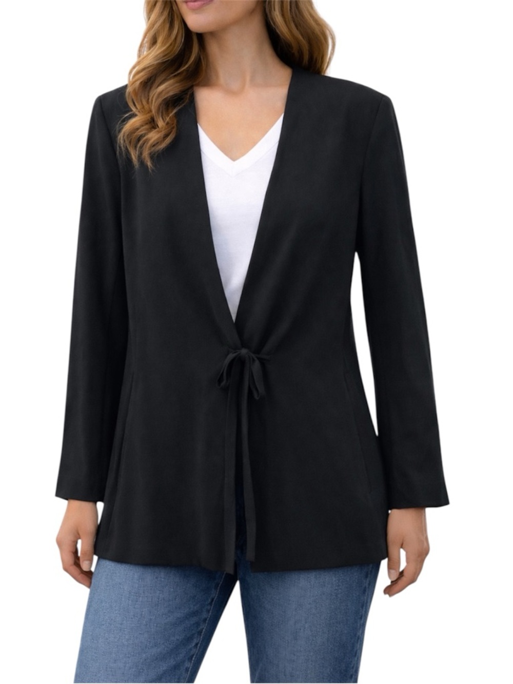 Emanuel Ungaro Black Wool Tie Front Collarless Blazer Jacket Size 14/48